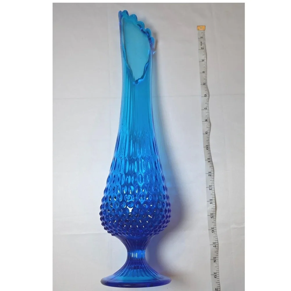 Vintage Blue Hobnail Swung Glass Vase Mid‎ Century Modern Footed 20 Inch